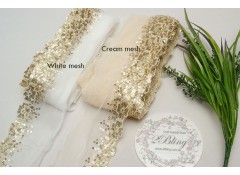 Sequin Lace, Gold, Flower Edge Trim, CREAM MESH - 1m length